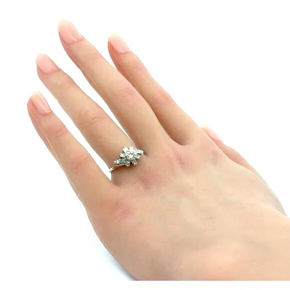 Designer 14K White Gold White Diamond Unique Floral Halo Cluster Engagement Ring